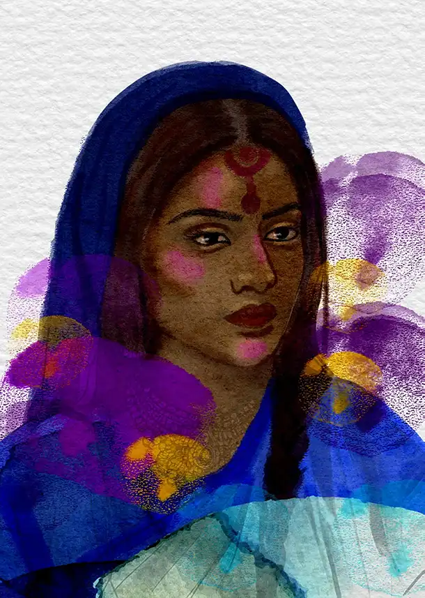Ilustración de una joven con un pañuelo azul rodeada de pinceladas de color