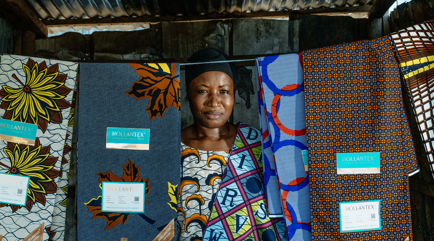 Catherine at her fabrics stall in Bouaké, Côte d'Ivoire.